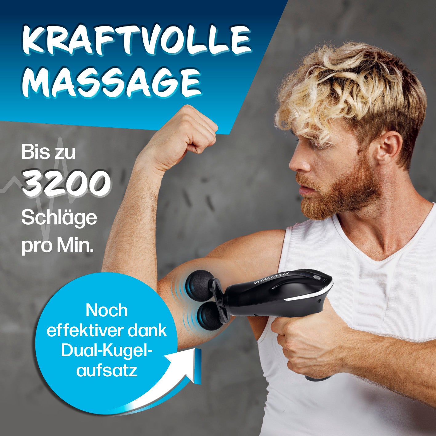 Mini Massage Gun mit 4 Aufsätzen, kraftvolles Massagegerät mit Dual-Kugelaufsatz für bis zu 3200 Schläge pro Minute.