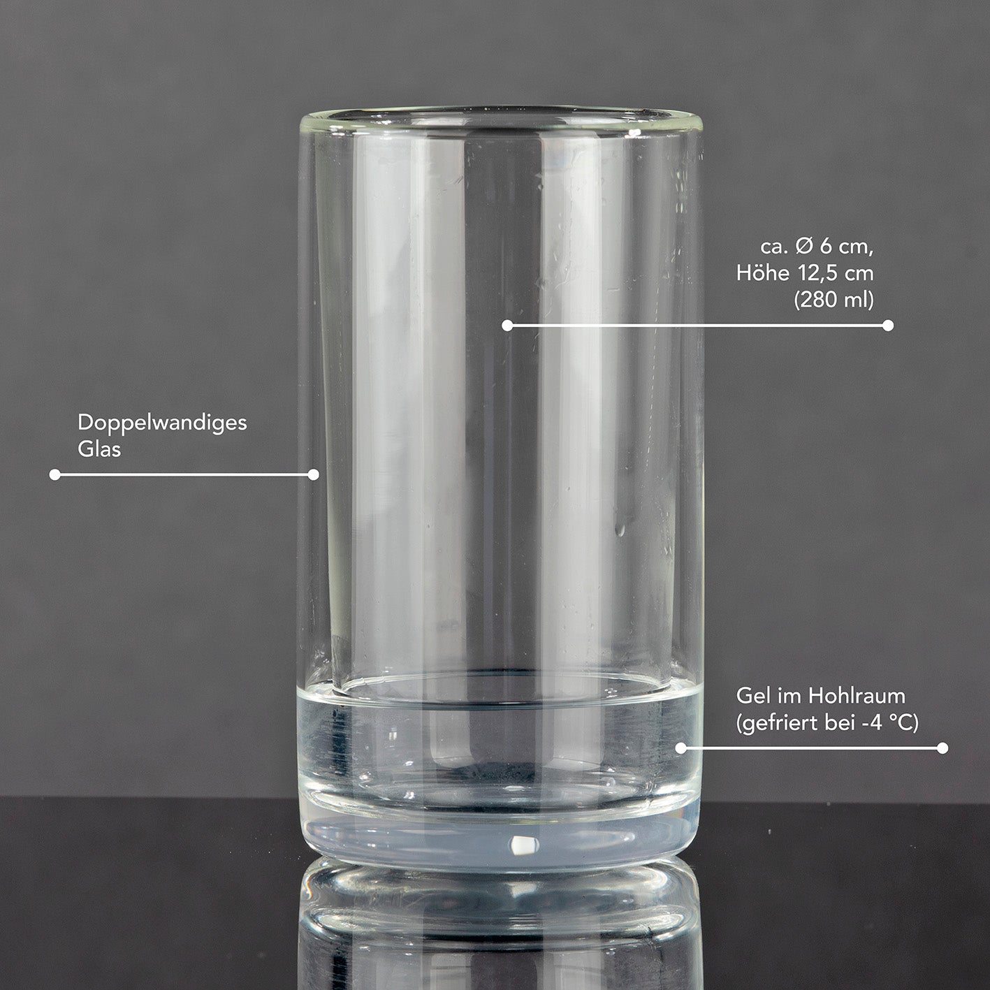 Glas selbstkühlend - 2er-Set je 280 ml mit doppelwandigem Glas und gefrierendem Kühl-Gel für kalte Getränke ohne Eis.