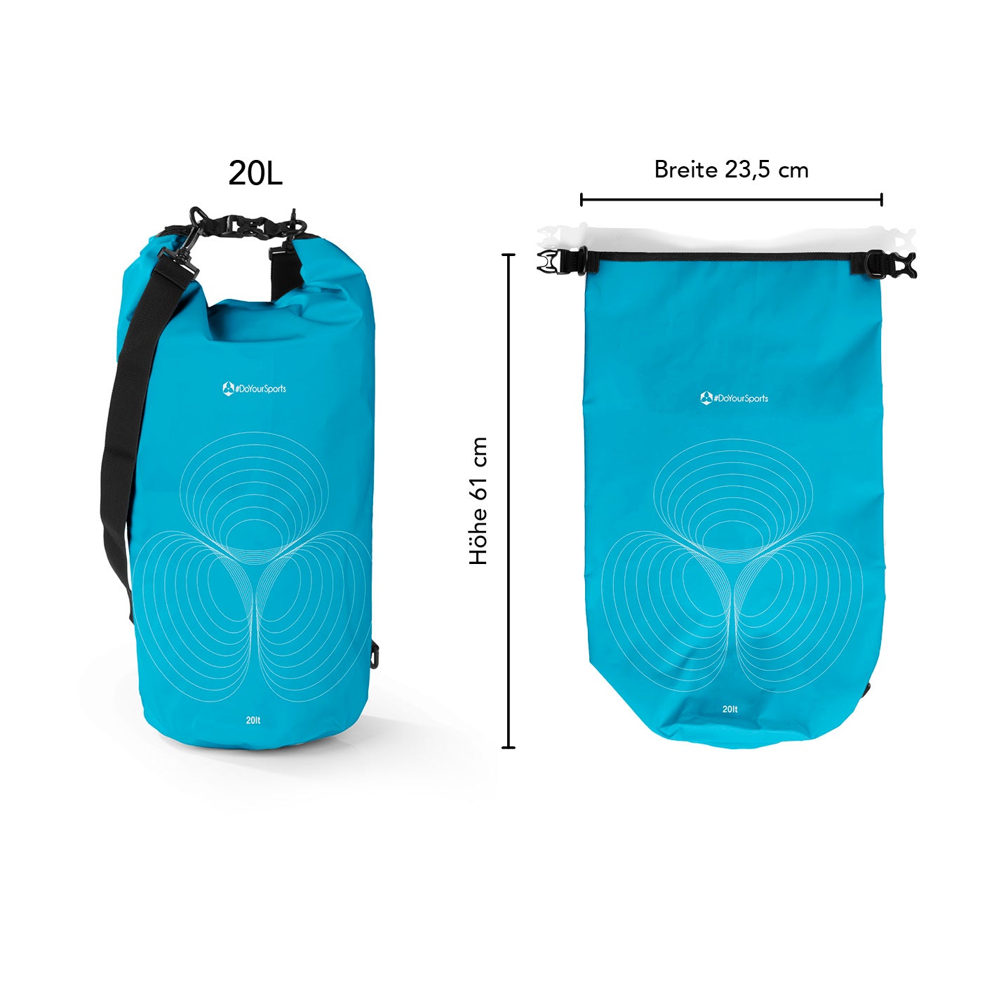 Dry Bag 20L - Himmelblau, wasserdichter Outdoor-Rucksack mit Rolltop-Verschluss, verstellbarem Schultergurt und Maßen 61x23,5 cm.