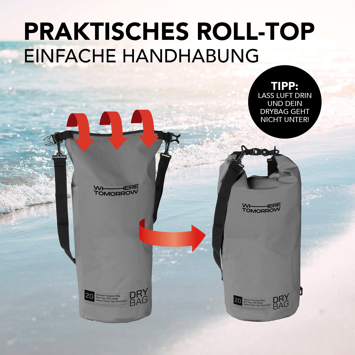 Dry Bag 20L - Style 01 - Grau mit praktischem Rolltop-Verschluss, wasserdicht und robust für Outdoor-Abenteuer.