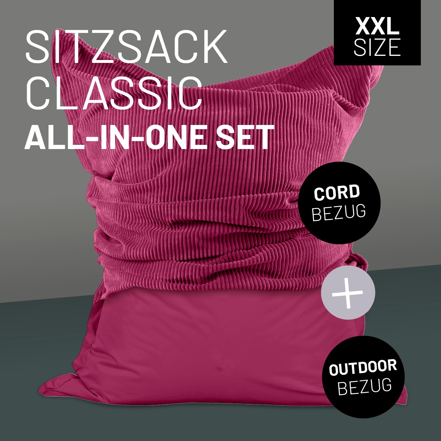 Sitzsack Classic XXL All-in-One Set 380 L 140 x 180 cm Weinrot mit Indoor-Cord- und wetterfestem Outdoor-Bezug