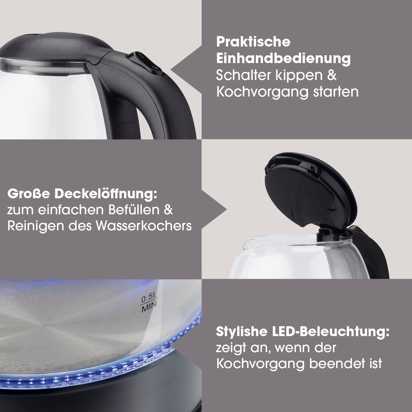 Glas-Wasserkocher 1,7 l - Schwarz mit Einhandbedienung, großer Deckelöffnung und LED-Beleuchtung für einfaches Kochen und Reinigung