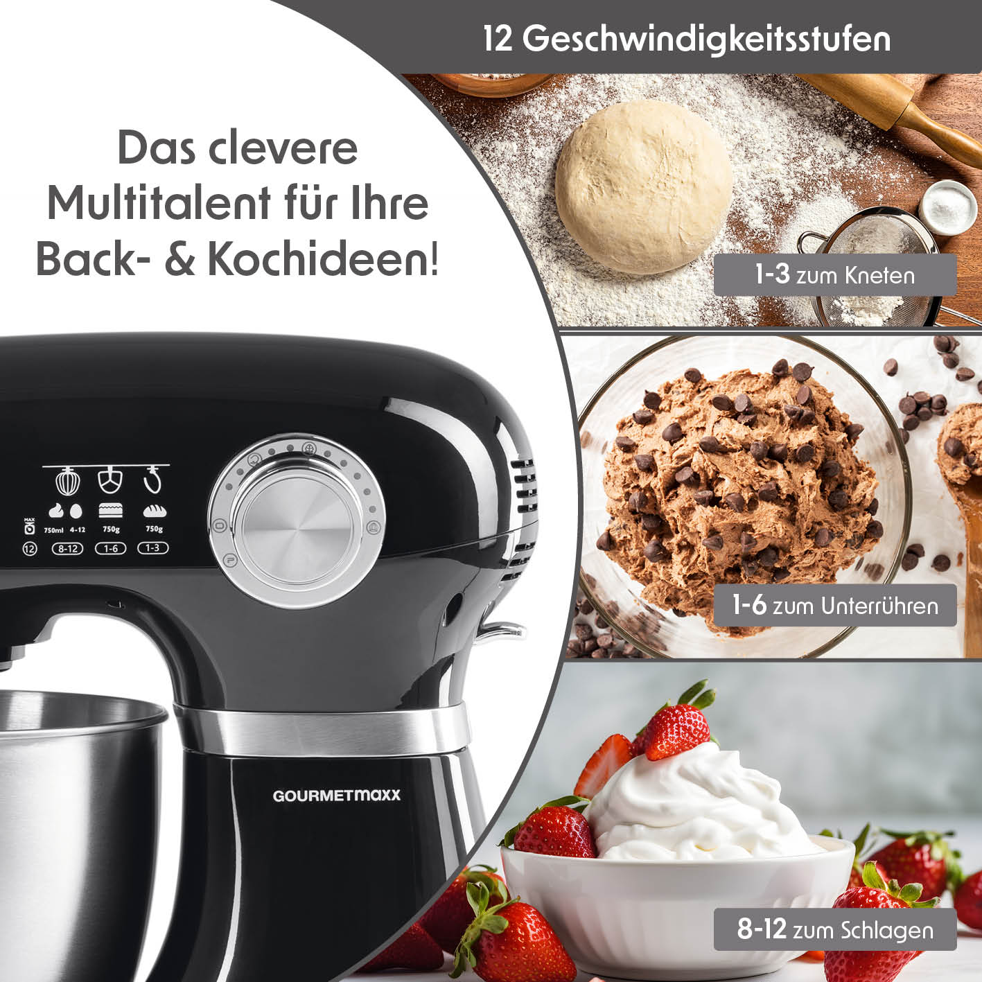 Küchenmaschine mit 1000 W Motor, 12 Geschwindigkeitsstufen, Edelstahlrührschüssel und vielfältigen Rühraufsätzen für Back- und Kochideen.