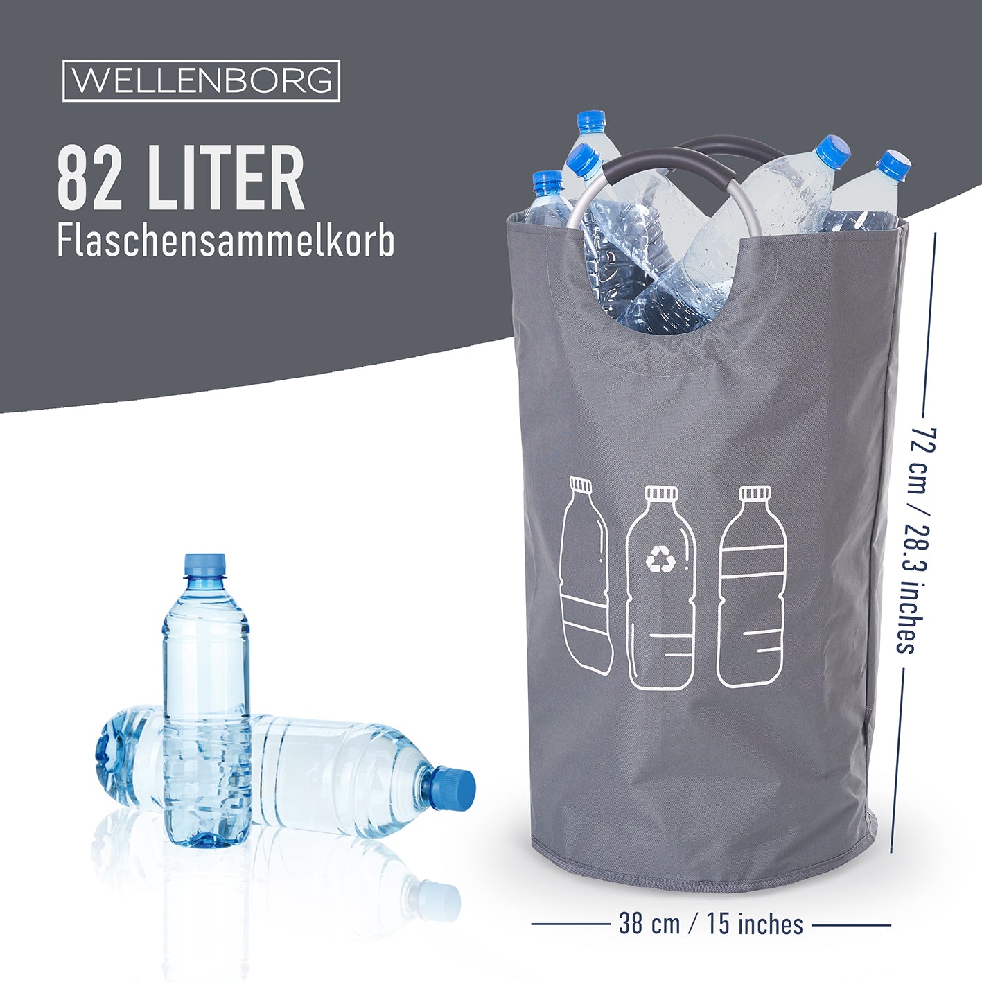 Faltbarer Pfandflaschen Sammelbehälter - Grau, 82 Liter, wasserabweisend, mit Tragegriffen, ideal für Flaschen und Dosen.