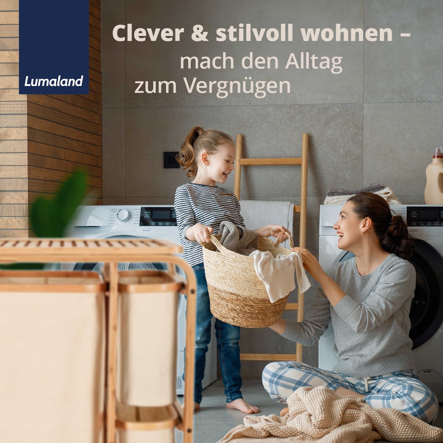 Bambus Wäschekorb - 1 XL Fach + 2 Kompaktfächer - beige Wäschesortierer mit Stofftäschchen und Ablagefläche, modern und platzsparend.