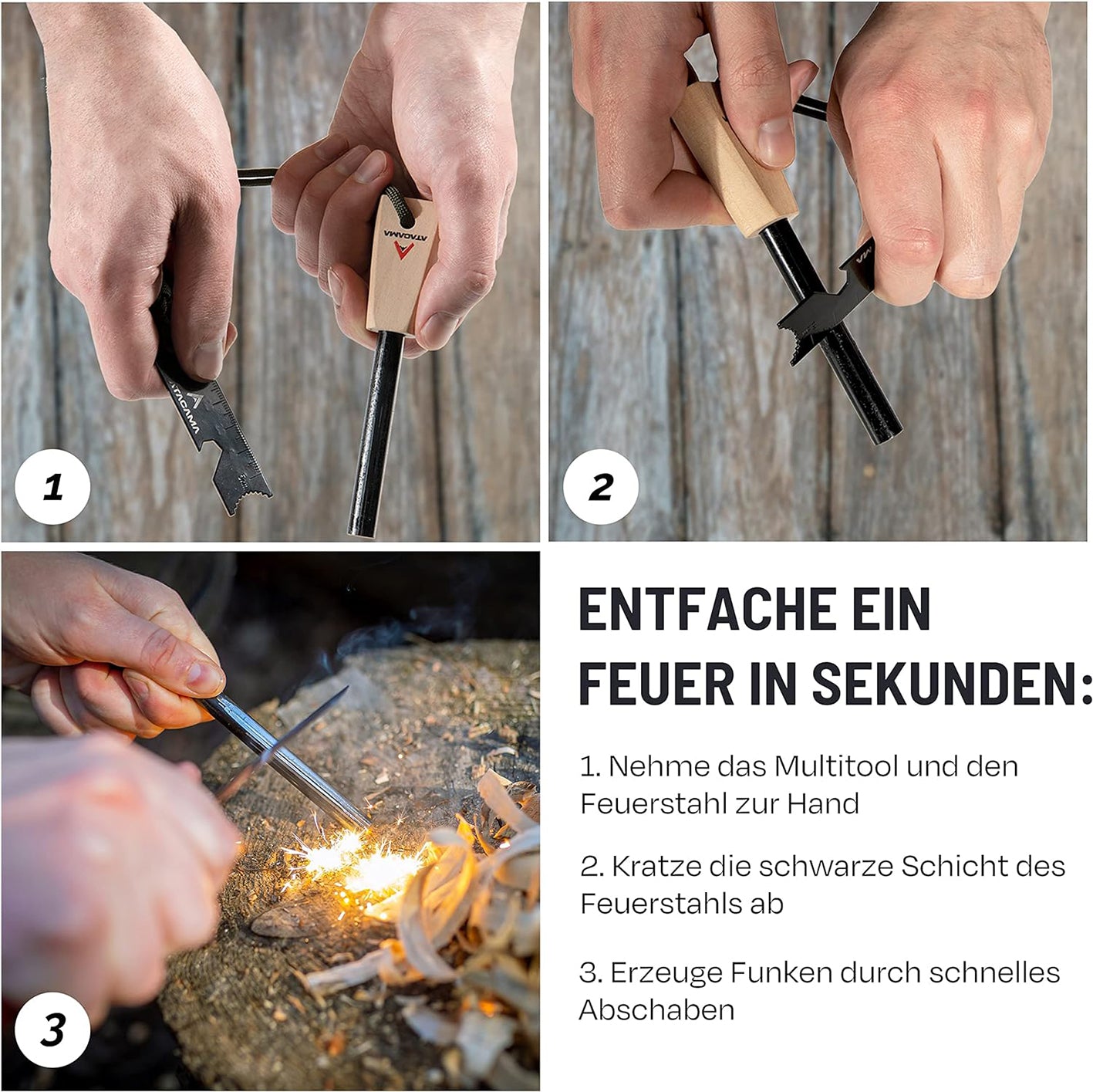 Feuerstahl Set - 7 tlg. - Wasserfest mit Multitool Striker zeigt einfache Feuerentzündung bei Outdoor und Survival.