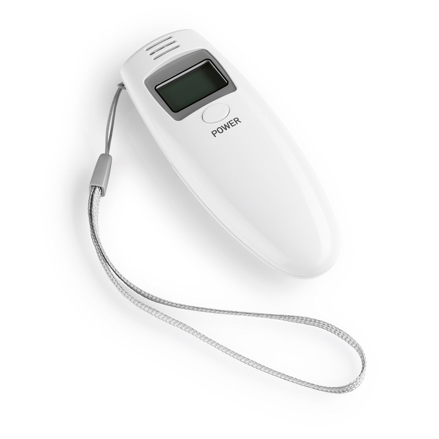 Weißer Alkoholtester mit LCD-Display, kompakt, mit Power-Taste und Trageschlaufe, ideal für schnelle Alkoholkontrollen unterwegs.