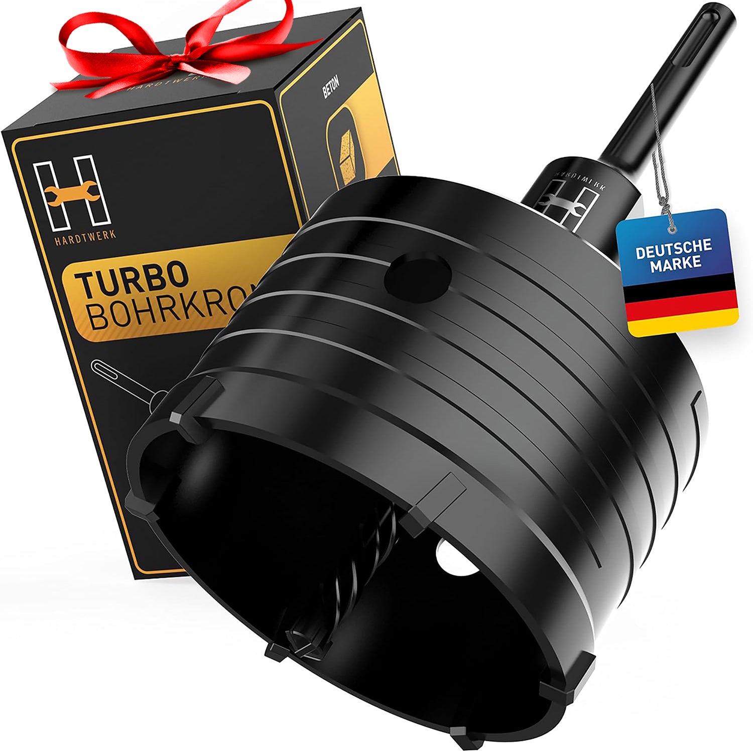 Kronenbohrer - 82mm + SDS-Plus-Adapter mit 6 XXL-Hartmetallzähnen, C45 Stahl und SDS-Adapter, ideal für Bohrmaschinen und Bohrhämmer.