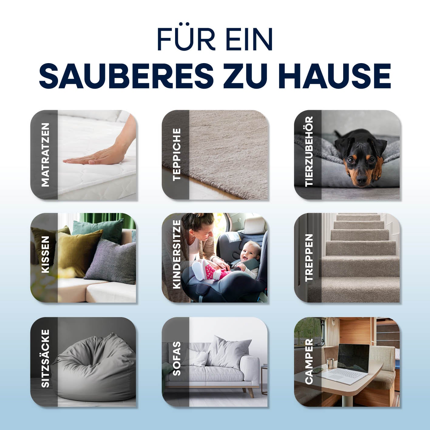 Polster- & Teppichreiniger Pro Power - Grau/Blau zeigt verschiedene Anwendungen für saubere Matratzen, Teppiche, Tierzubehör und Möbel.