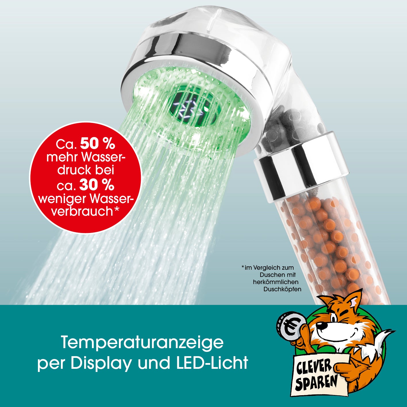 Duschkopf LED-Farbwechsel 6cm mit Mineralkugeln und digitalem Temperaturdisplay, LED-Farbwechsel für Temperaturanzeige.