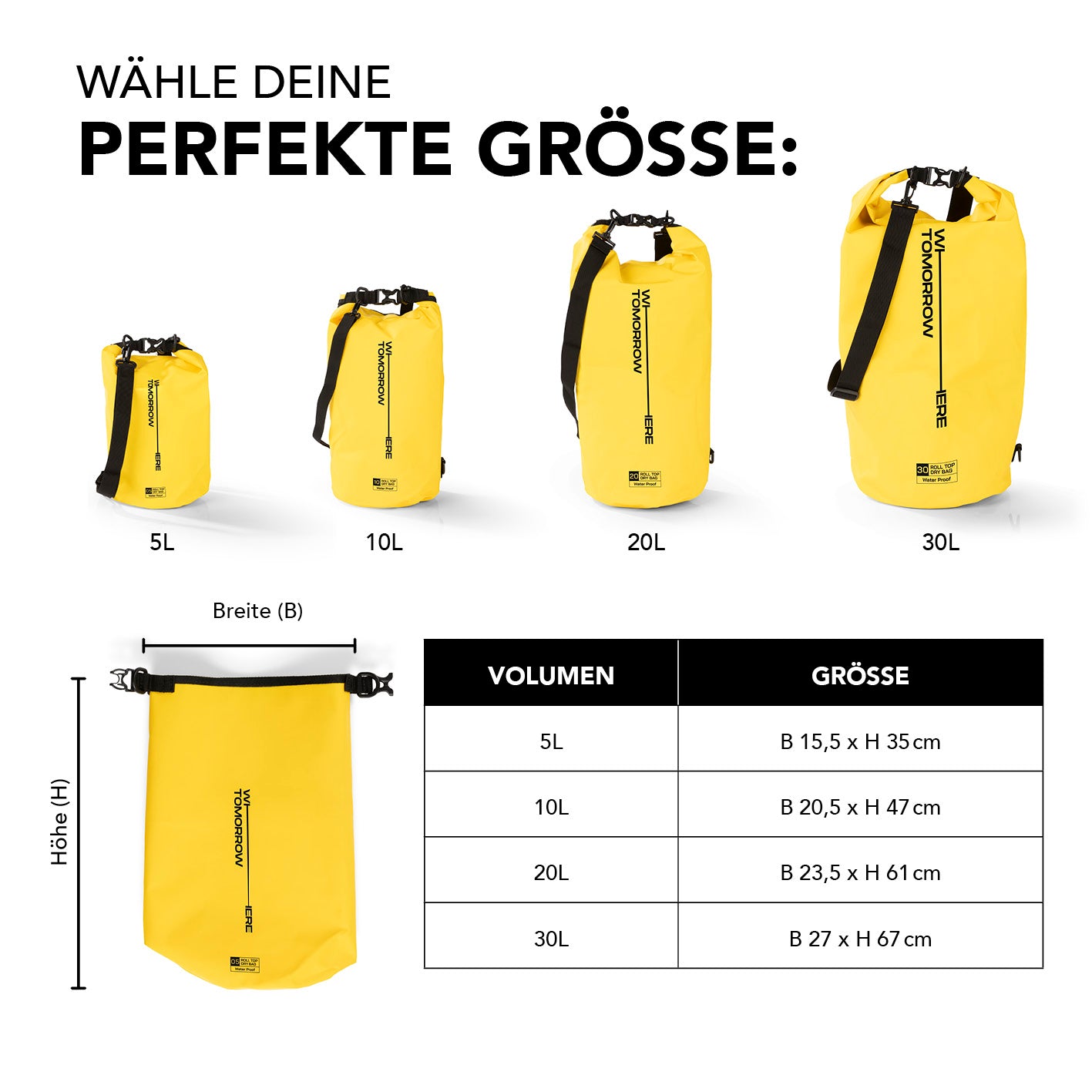 Dry Bag 5L - Style 02 - Gelb, wasserdichter Outdoor-Rucksack mit Rolltop-Verschluss und verstellbarem Schultergurt, 5L Volumen.