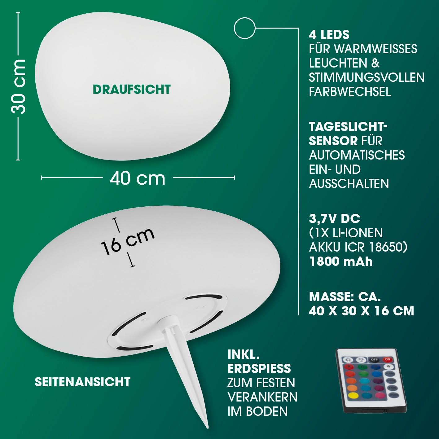 Solar-Leuchte Stein mit Farbwechsel - 2er-Set mit 4 LEDs, Farbwechsel, Tageslichtsensor, Erdspieß, wetterfest, Maße 40x30x16 cm.