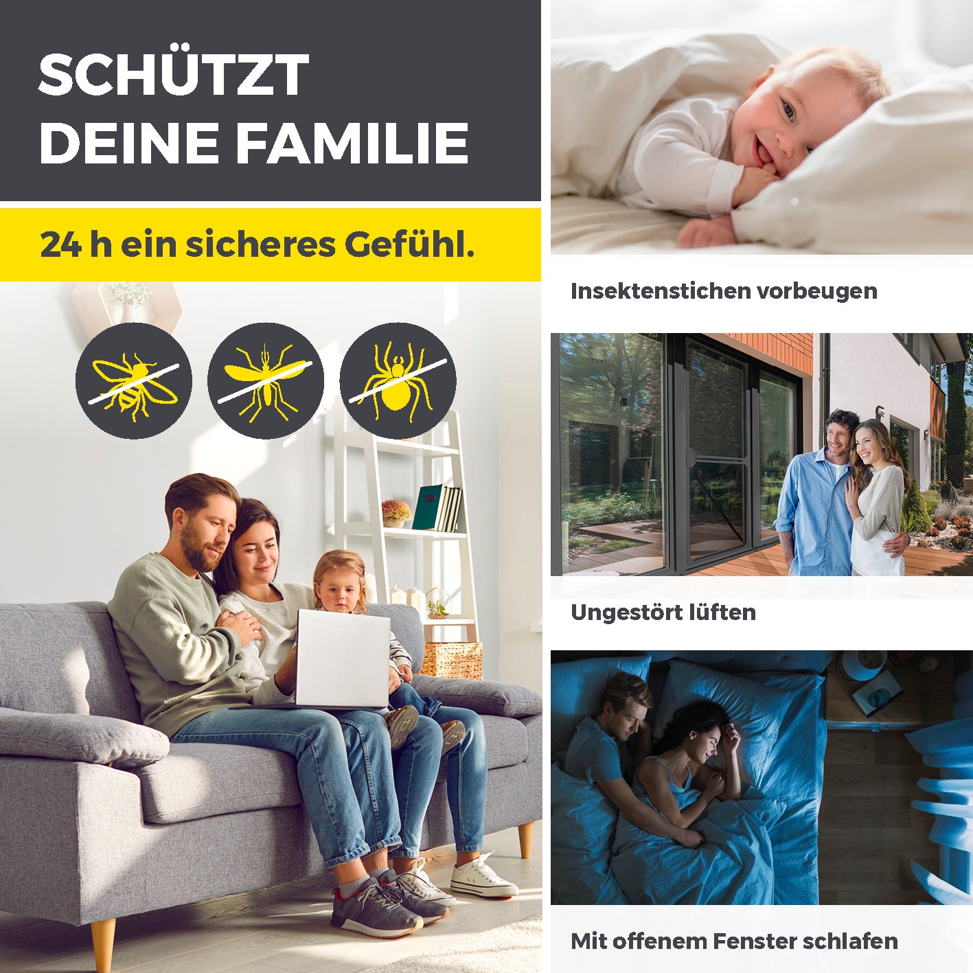 Teleskop-Insektenschutzgitter Schwingtür – Grau schützt Familie vor Insekten, ermöglicht lüften und Schlafen mit offenem Fenster.