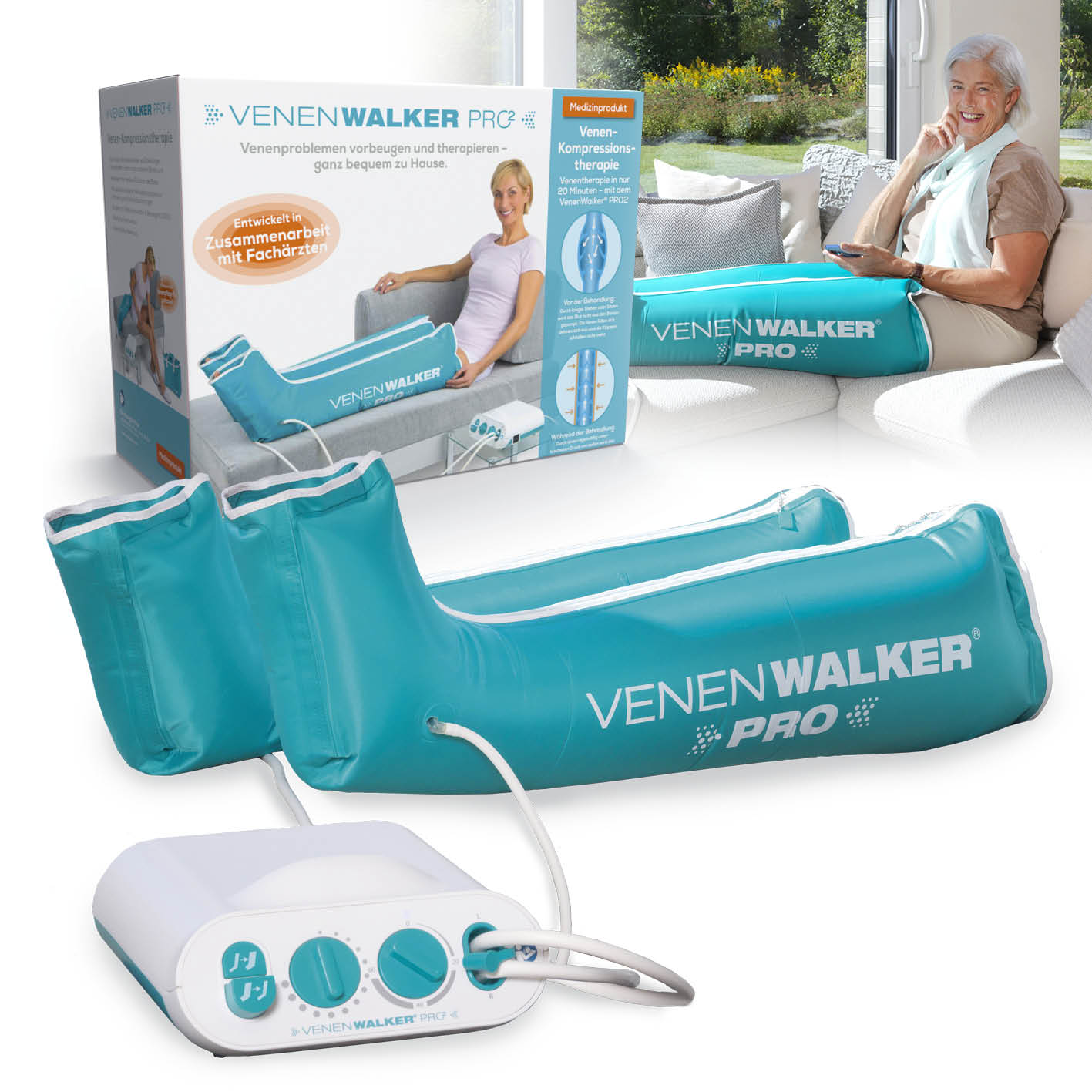 Therapiegerät VenenWalker Pro2 mit Wechseldrucktechnik zur Förderung des venösen Rückstroms bei Venenbeschwerden.