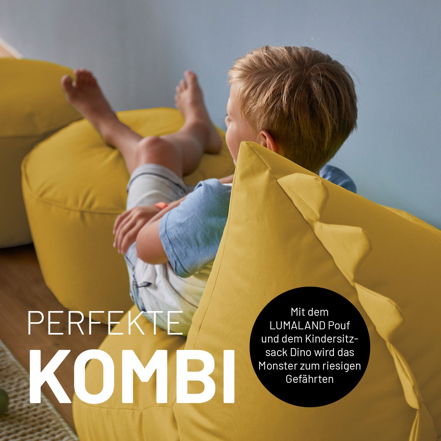 Kindersitzsack Animal Line Dino (270 L) in Senfgelb, kuschelig, wasserabweisend, indoor & outdoor, robust und kindersicher.