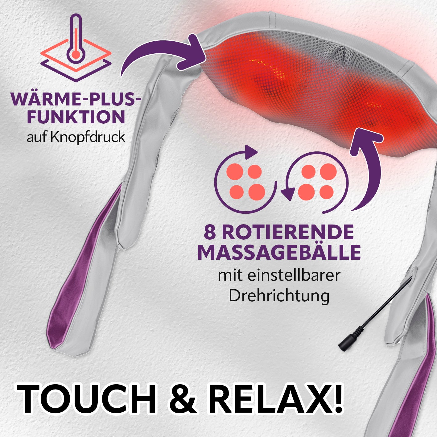 Shiatsu-Massagegerät mit 8 drehenden Massagebällen und Wärmefunktion für entspannende Druck- und Knetmassage am ganzen Körper.