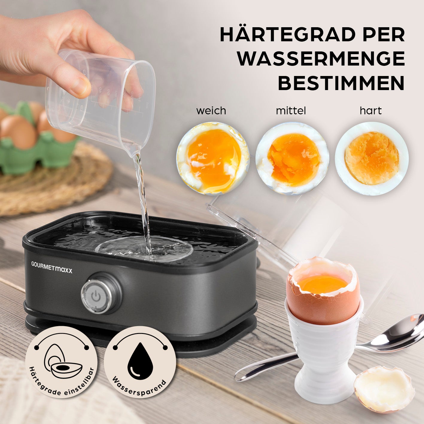Design-Eierkocher 6 Eier - Anthrazit zeigt Wasserfüllmenge für weich, mittel, hart und einfache Eierkocherbedienung.