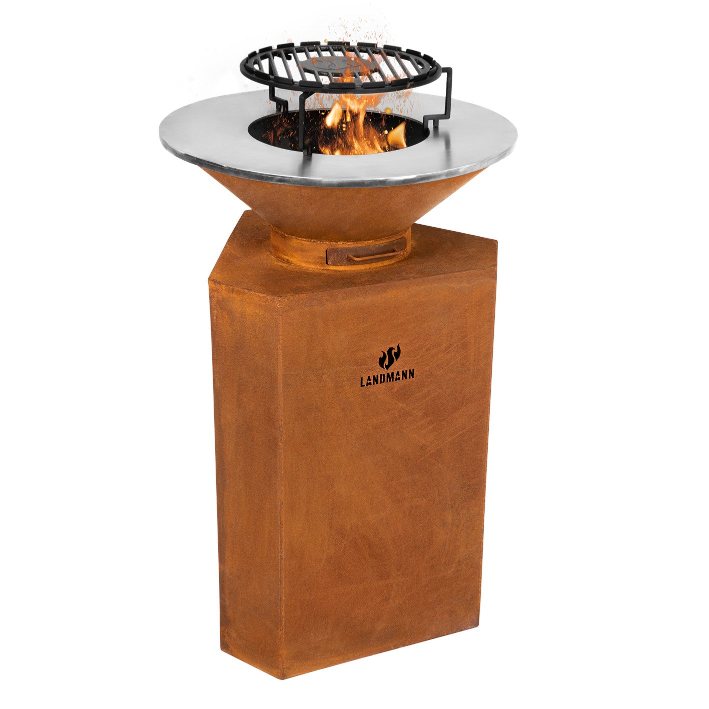 Feuerschale aus Cortenstahl mit Standfuß - 60 cm, inklusive Grillrost und Ascheschublade im trendigen Rost-Design für Garten.