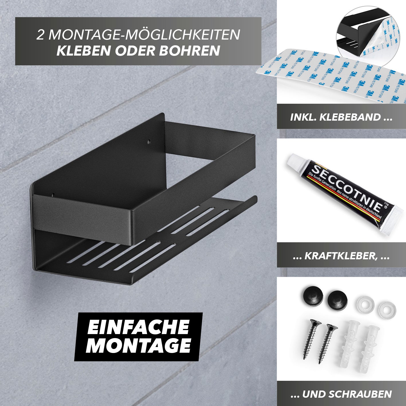 Dusch-Organizer zum Kleben oder Bohren - 2er-Set - Schwarz, rostfreier Edelstahl mit Wasserrillen und Montagematerial für einfache Befestigung.