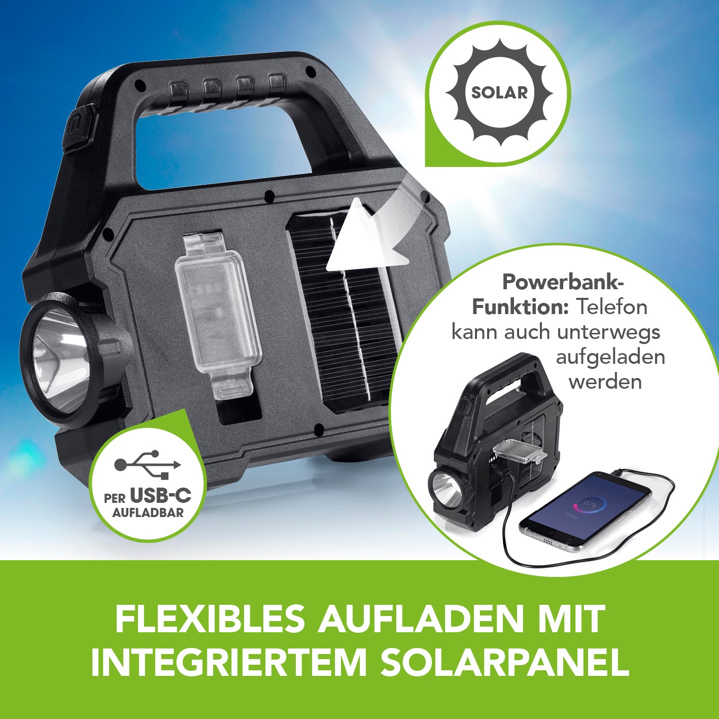 Solar-Arbeitsleuchte mobil - Schwarz mit integriertem Solarpanel und USB-C zum flexiblen Laden und Powerbank-Funktion für unterwegs.