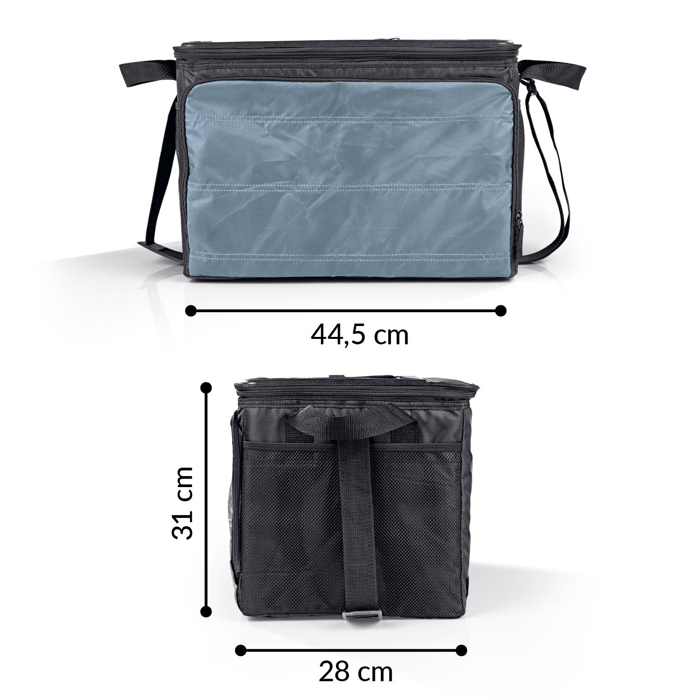 Kühltasche faltbar - 30 l - schwarz/dunkelgrau mit Isolierung, Schultergurt, Außentaschen und auslaufsicherem Material, Maße 44,5x31x28 cm.