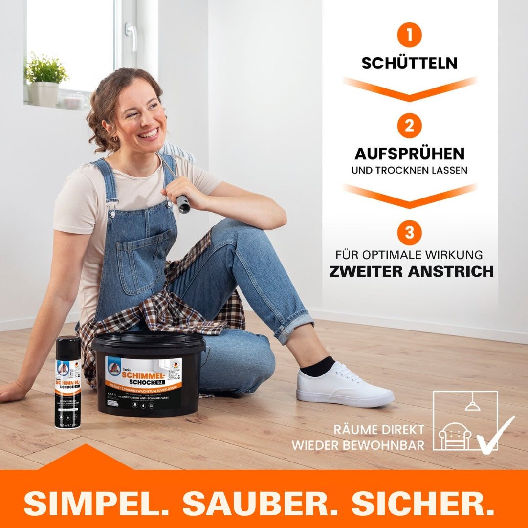 Frau nutzt Tonis SCHIMMELSCHOCK Anti-Schimmel-Farbe 5.1 - 2er-Set mit Anleitung zum Schütteln und Aufsprühen gegen Schimmel.