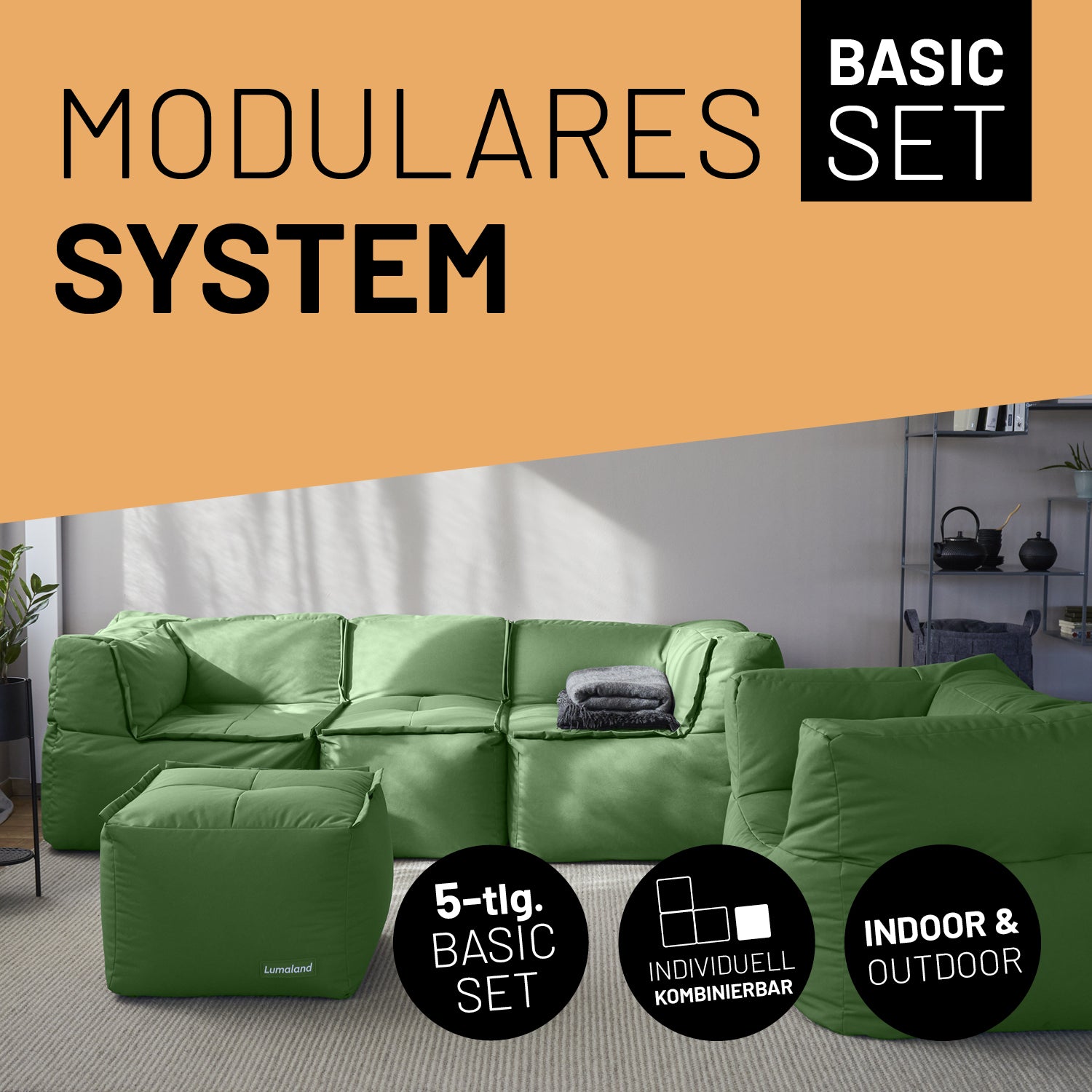Basic Set (5-tlg.) - Modulares System in Pastell Grün, in- und outdoor, mit extrastarkem, waschbarem Bezug und verdeckten Reißverschlüssen.