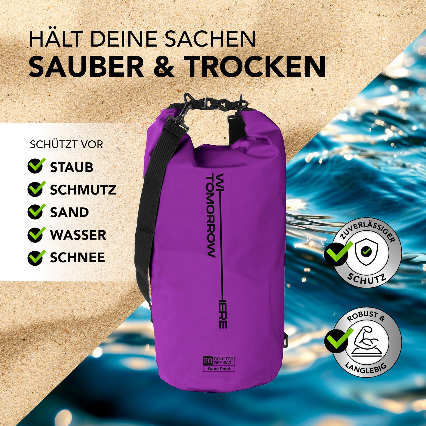 Dry Bag 20L - Style 02 - Lila wasserdichter, robuster Rucksack schützt vor Staub, Schmutz, Sand, Wasser und Schnee.