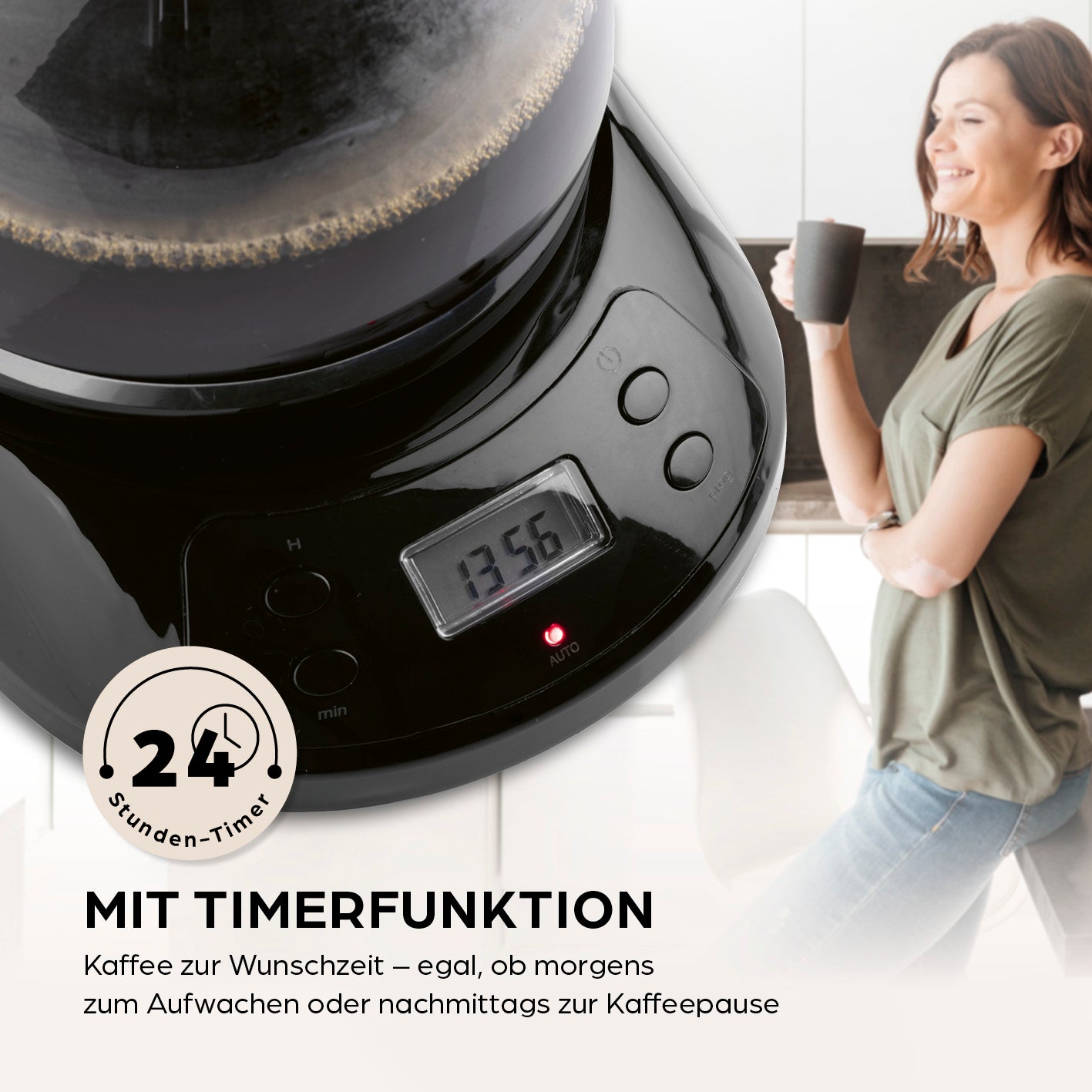 Filterkaffeemaschine mit Digitaldisplay und Timerfunktion, inklusive Glaskanne und 1,25-l-Wassertank für bis zu 10 Tassen.