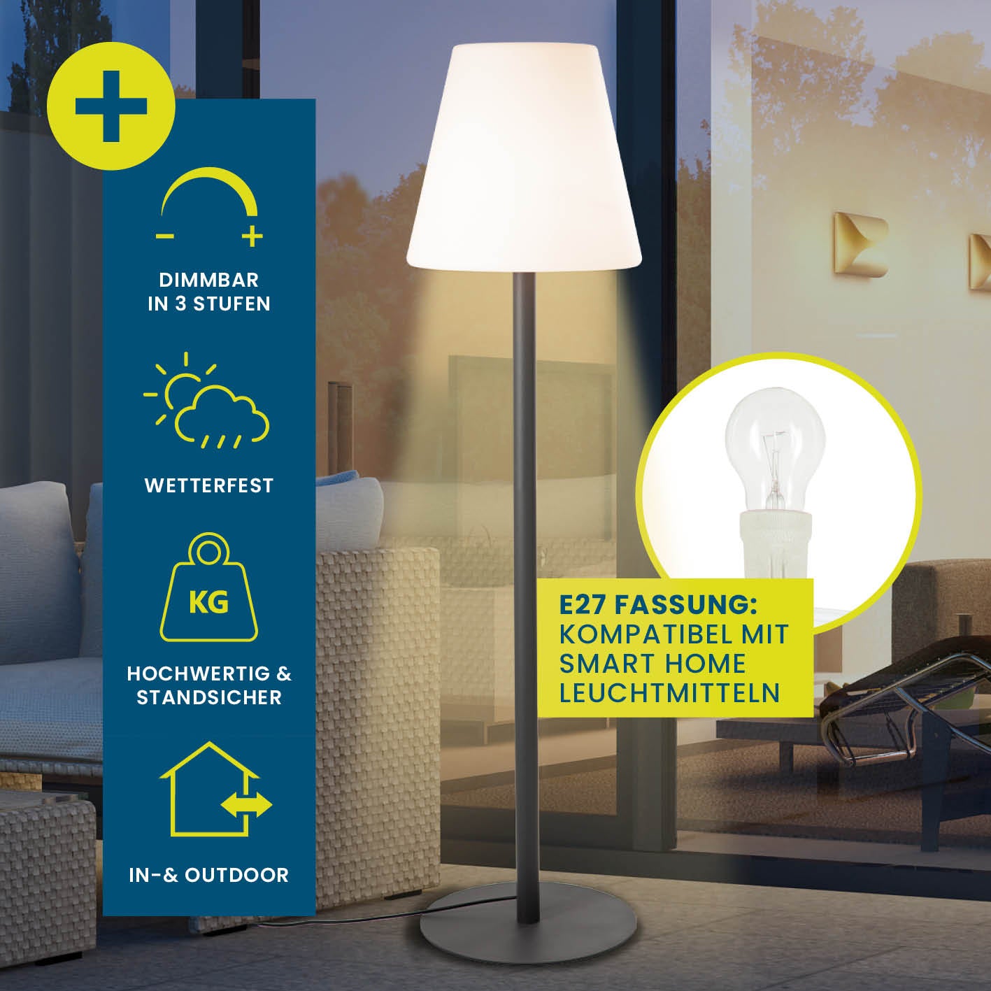 LED-Standleuchte dimmbar - 187 cm - schwarz/weiß, wetterfest, dimmbar in 3 Stufen, für In- und Outdoor mit E27 Fassung, smart home kompatibel.