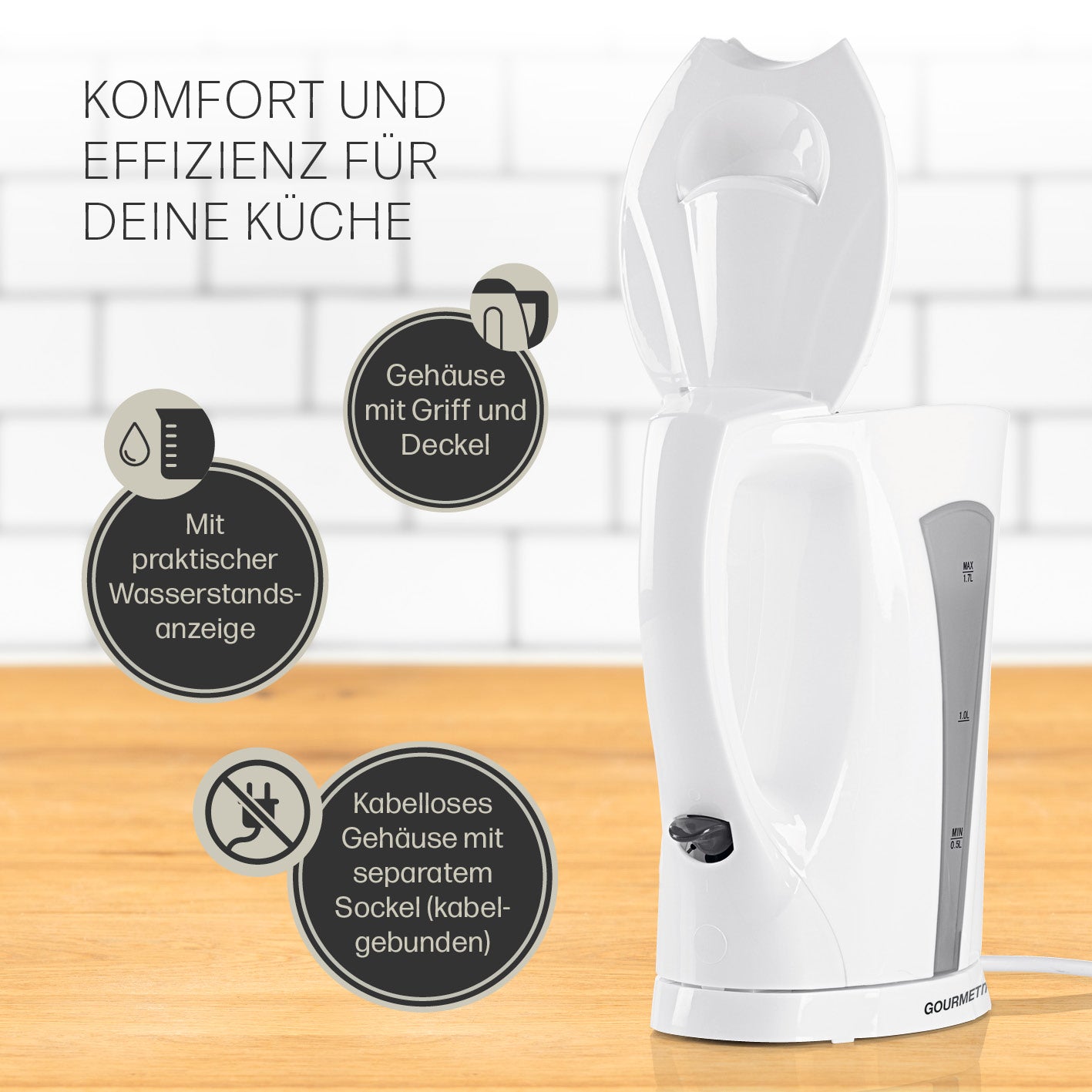 Wasserkocher mit Kalkfilter - 1,7l - weiß/grau mit Wasserstandsanzeige, kabellosem Gehäuse und separatem Sockel für links- und rechtshändig.