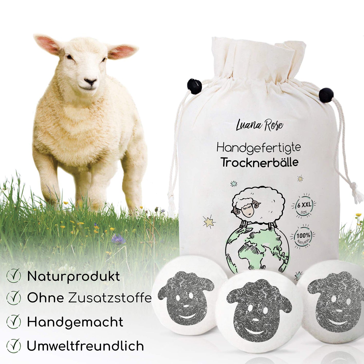 Trocknerbälle für Wäschetrockner - 6er-Set - Schafwolle aus reiner Naturwolle, handgefertigt, umweltfreundlich und ohne Zusatzstoffe.