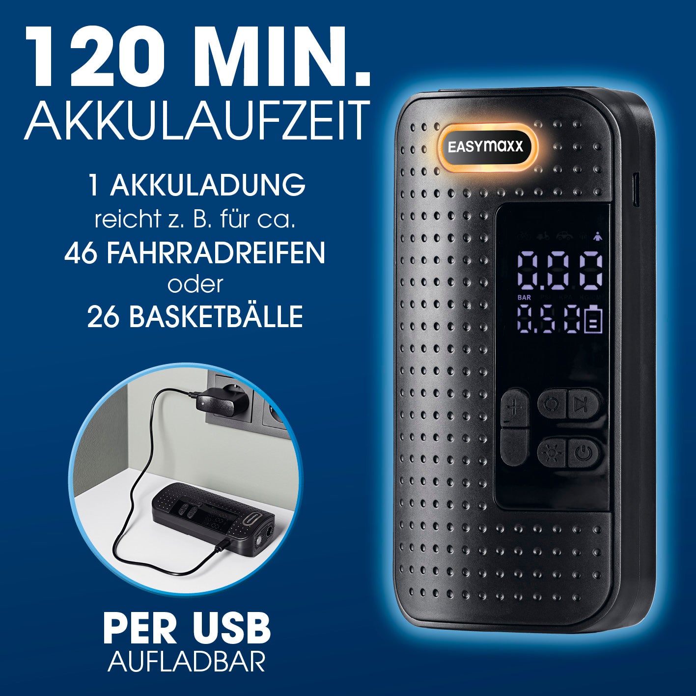 Akku-Handkompressor mit 120 Min. Laufzeit, USB aufladbar, digitales Display, ideal für Fahrradreifen und Basketbälle schnell aufpumpen.