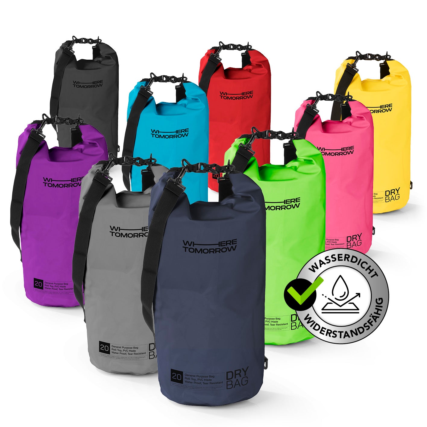 Dry Bag 20L - Style 01 - Dunkelblau, wasserdichter, robuster Outdoor-Rucksack mit Rolltop-Verschluss und verstellbarem Schultergurt.