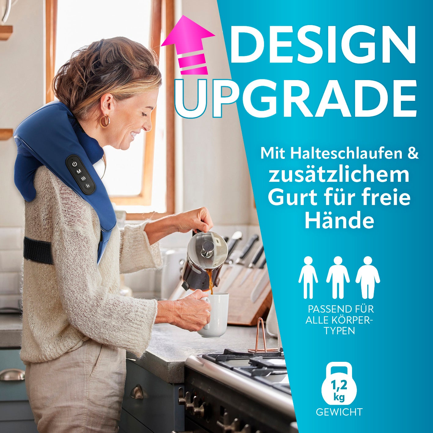 Frau verwendet Shiatsu-Massagegerät am Nacken mit Halteschlaufen und Gurt für freie Hände und hohe Flexibilität im Alltag.