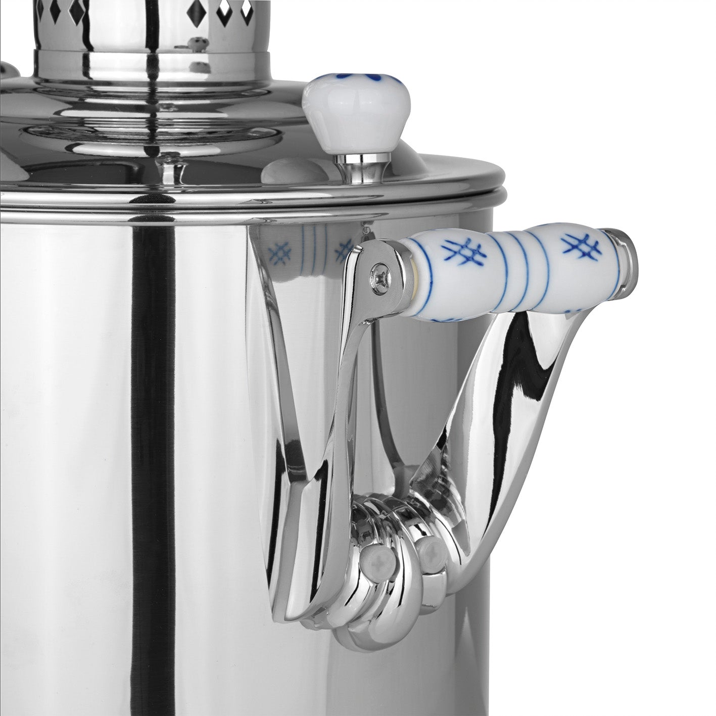 Romanov 1007 III Samowar - 5 Liter - Edelstahl mit weiß-blauem Griffdetail und glänzender Oberfläche aus hochwertigem Edelstahl