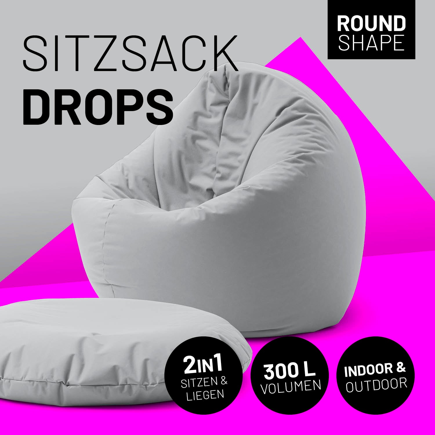 Sitzsack Drops (300 L) - indoor & outdoor - Silbergrau, vielseitig nutzbar zum Sitzen und Liegen, modernes Design, pflegeleicht und robust.