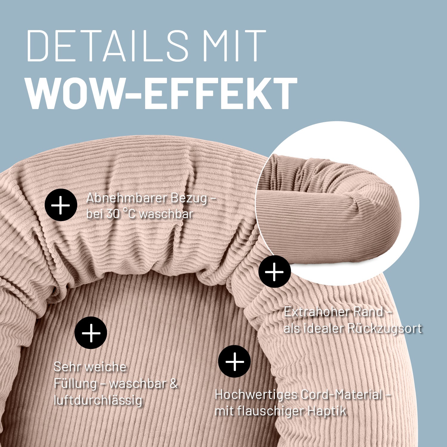 Komfort-Katzenbett aus der LUMALAND Cord-Reihe - Ø 60 cm - Rosé, weicher Cordbezug, hoher Rand, waschbar, kuschelig und robust