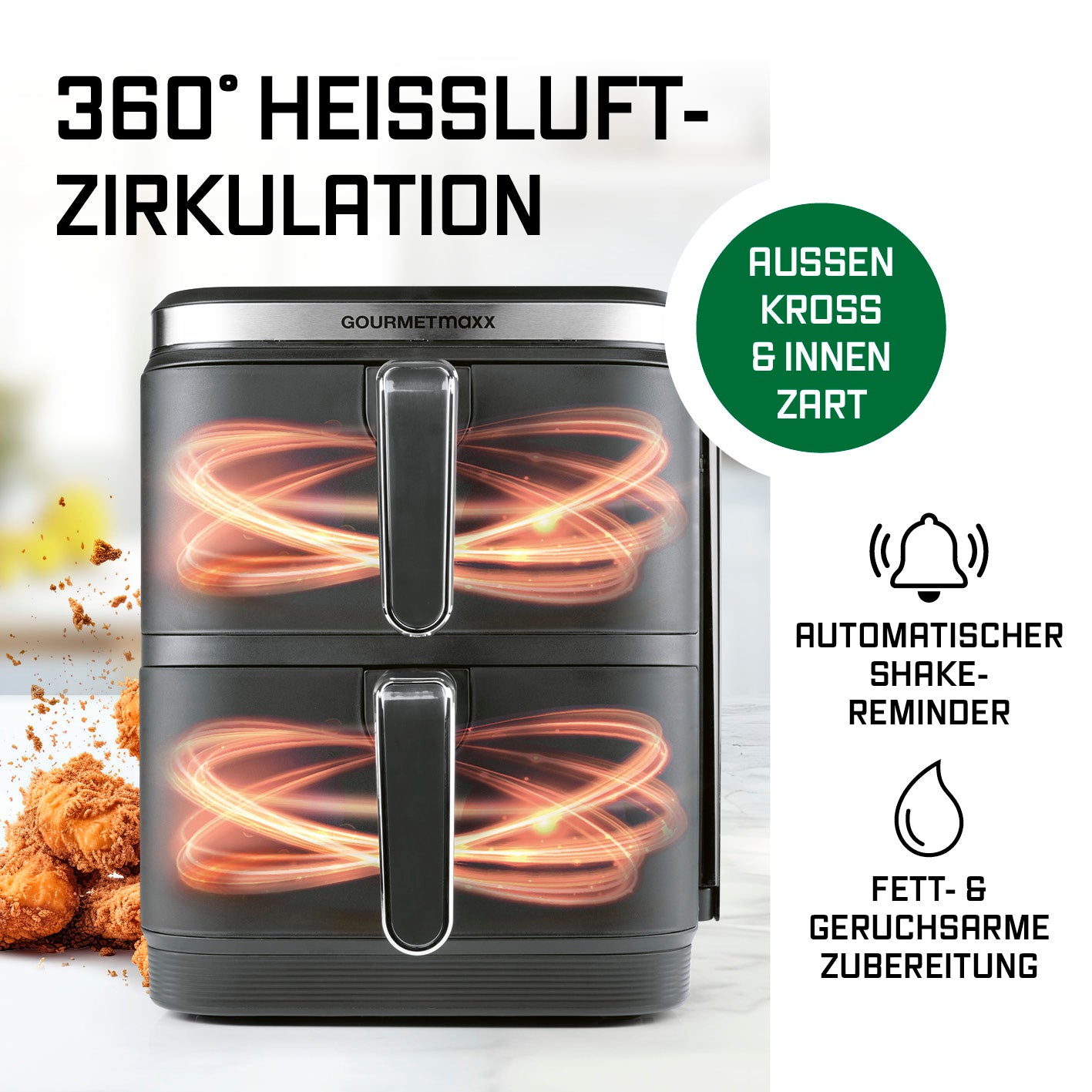 FryUp Vertikale Doppelkammer-Heißluftfritteuse - Grau mit 360° Heißluftzirkulation für knusprig-zarte Speisen innen und außen.