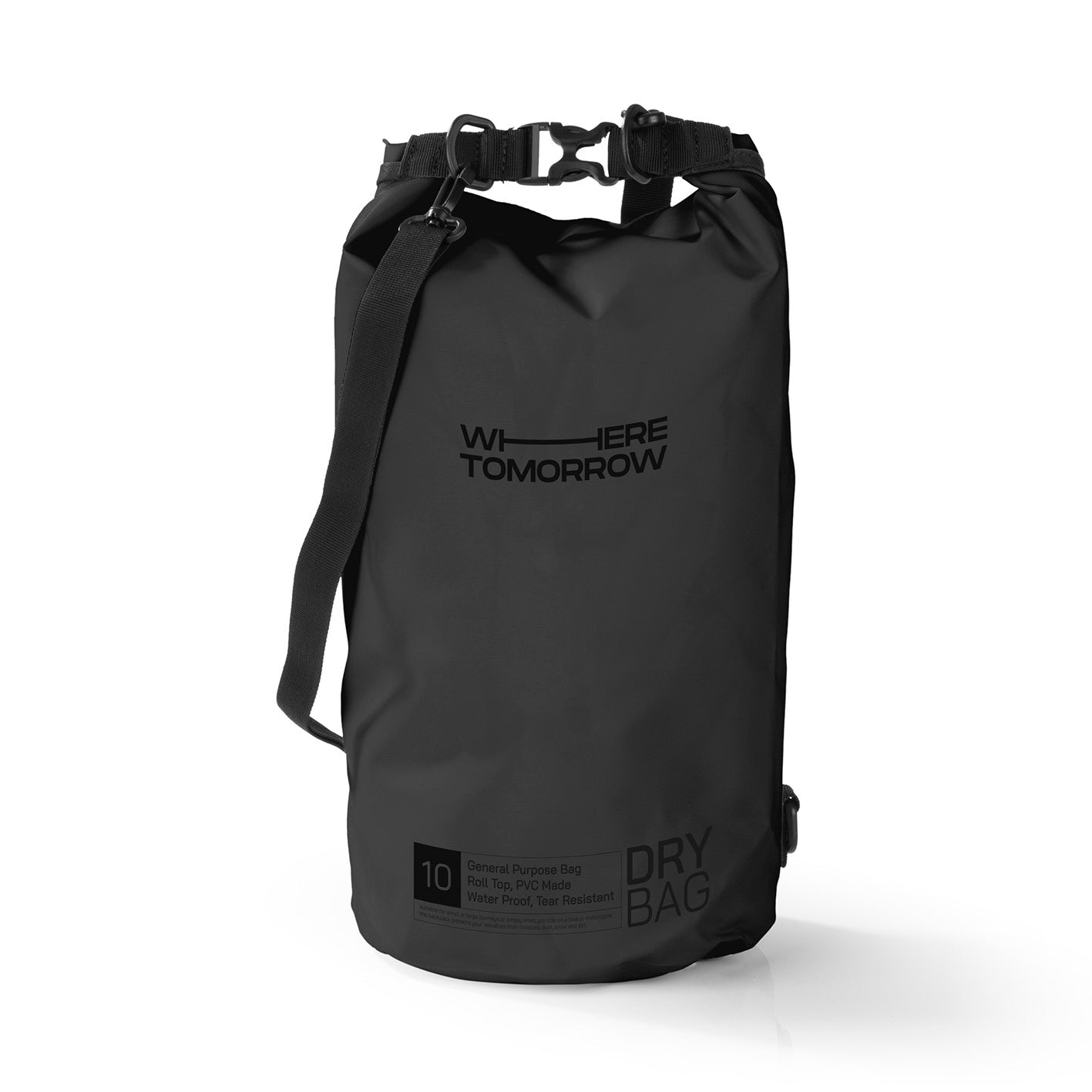 Dry Bag 10L - Style 01 - Schwarz, wasserdichter und robuster Outdoor-Rucksack mit Rolltop-Verschluss und verstellbarem Schultergurt.
