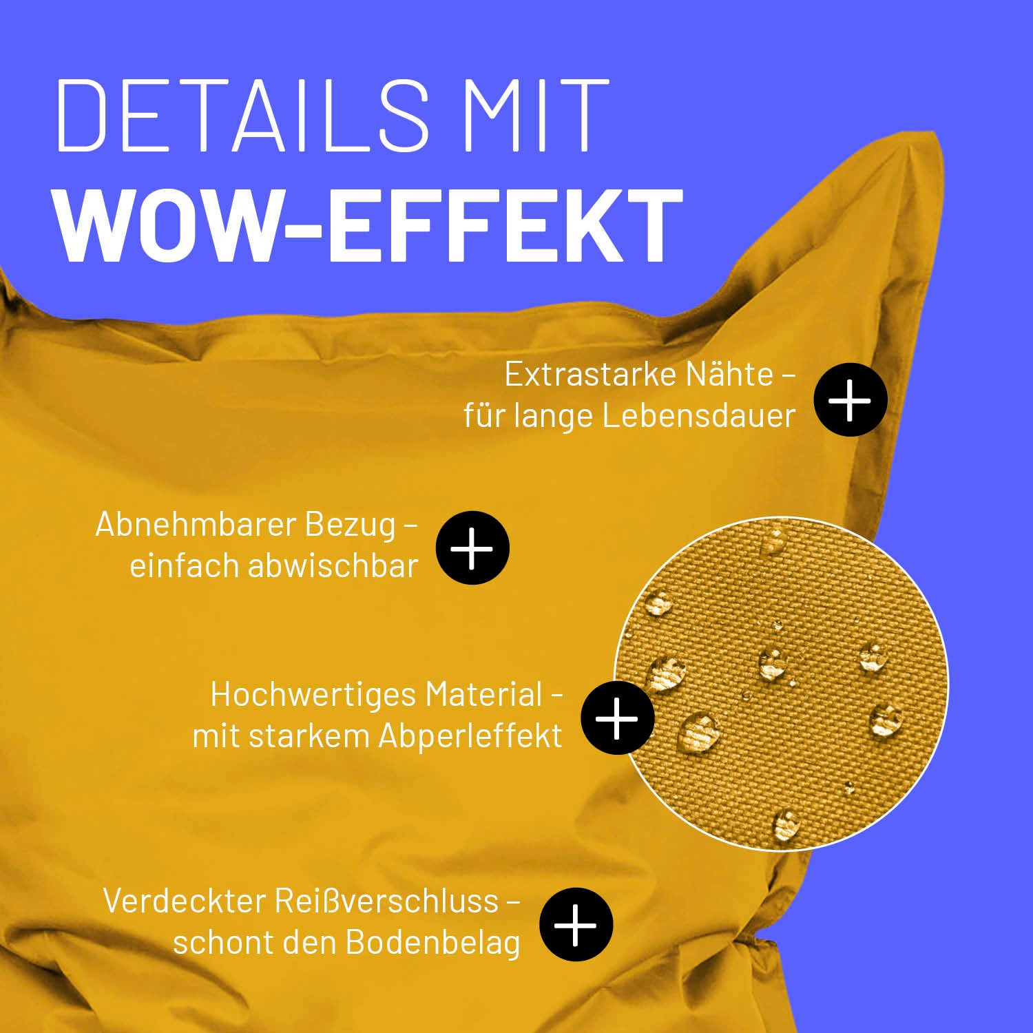 Sitzsack Classic XXL (380 L) Senfgelb mit wasserabweisendem Material, extra starken Nähten und abnehmbarem Bezug.