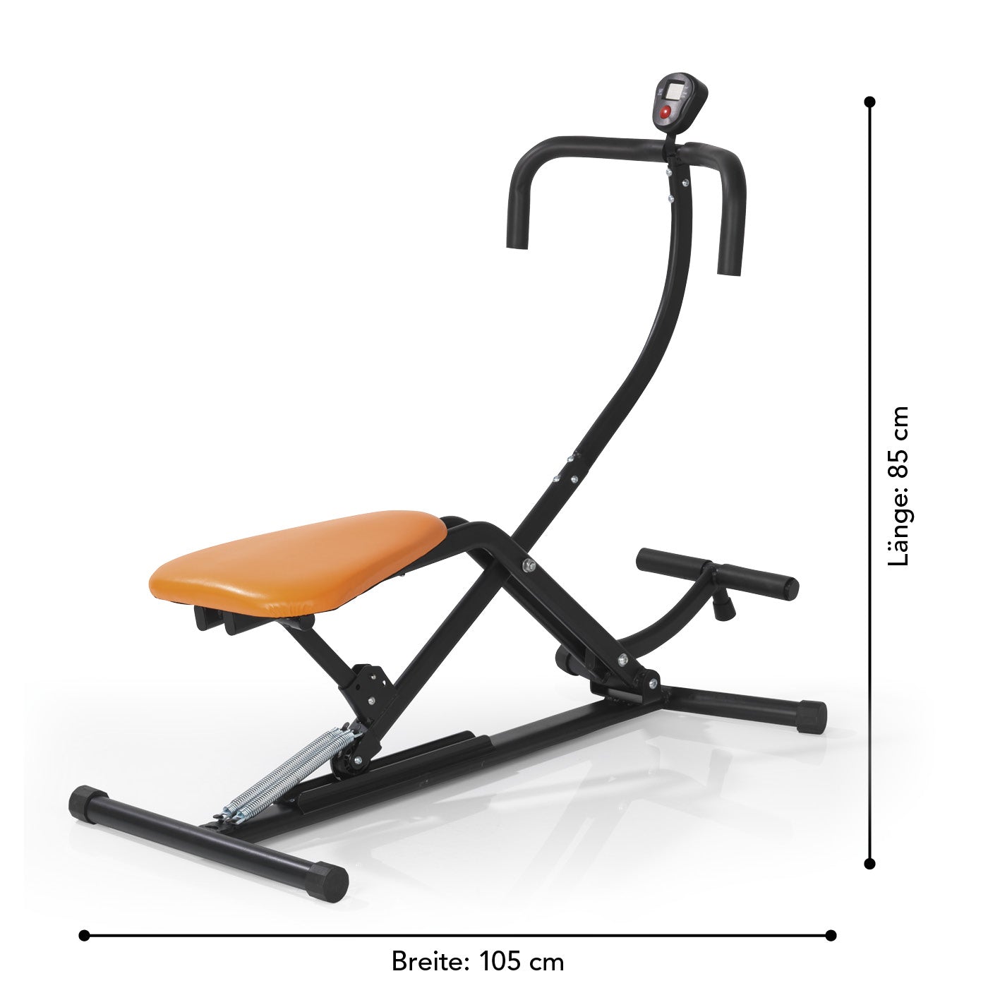 Trainingsgerät Crunch & Glide mit Sitz und digitaler Anzeige für effektives Muskeltraining zu Hause, klappbar und platzsparend.