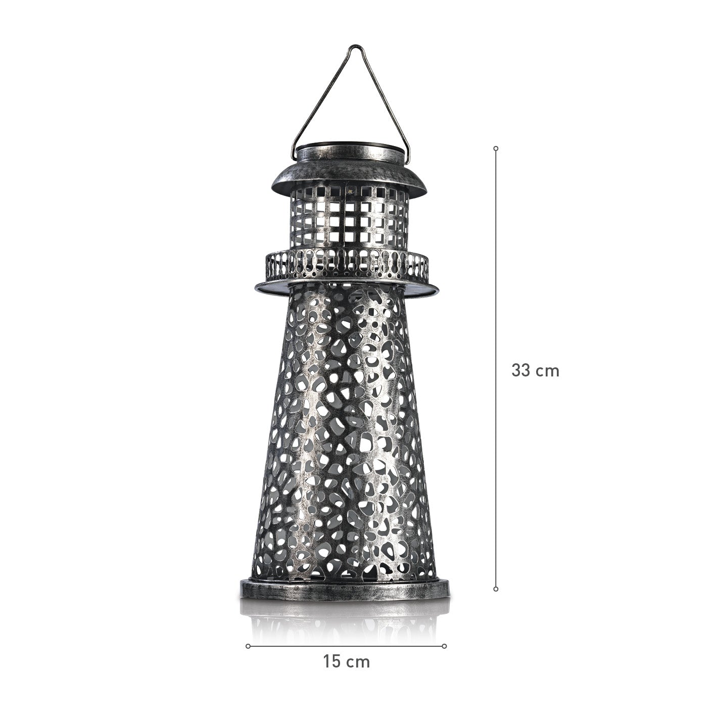 Solar-Leuchte Leuchtturm - silber, perforiertes Metall, LED-Solarlicht, kabellos, wetterfest für Garten, Terrasse, Balkon, 33x15 cm.