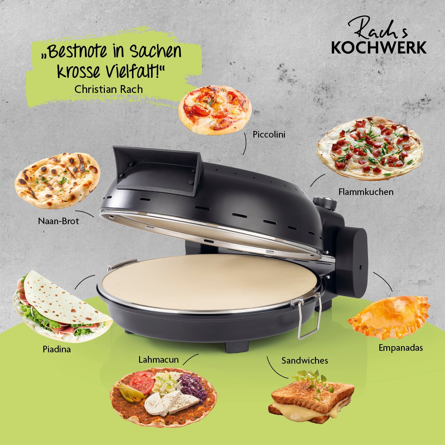 Pizza Maker inkl. herausnehmbarem Pizzastein & Pizza-Heber mit vielseitigen Backmöglichkeiten für knusprige Pizza und Snacks in wenigen Minuten.