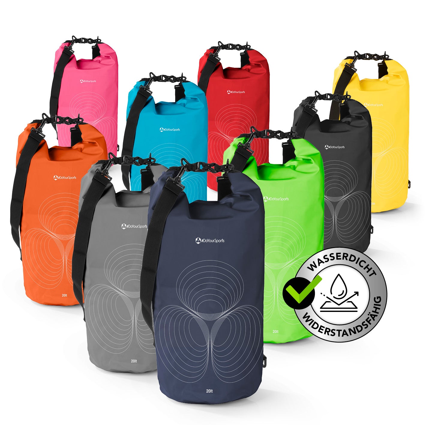 Dry Bag 20L - Dunkelblau, wasserdichter und robuster Outdoor-Rucksack mit Rolltop-Verschluss und verstellbarem Schultergurt.