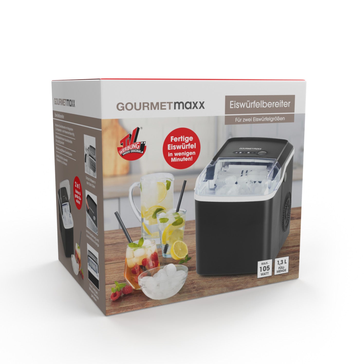 Eiswürfelbereiter mit 1,3-L-Wassertank, zwei Eiswürfelgrößen und 600 g Eiswürfelbehälter, schnell und modern.