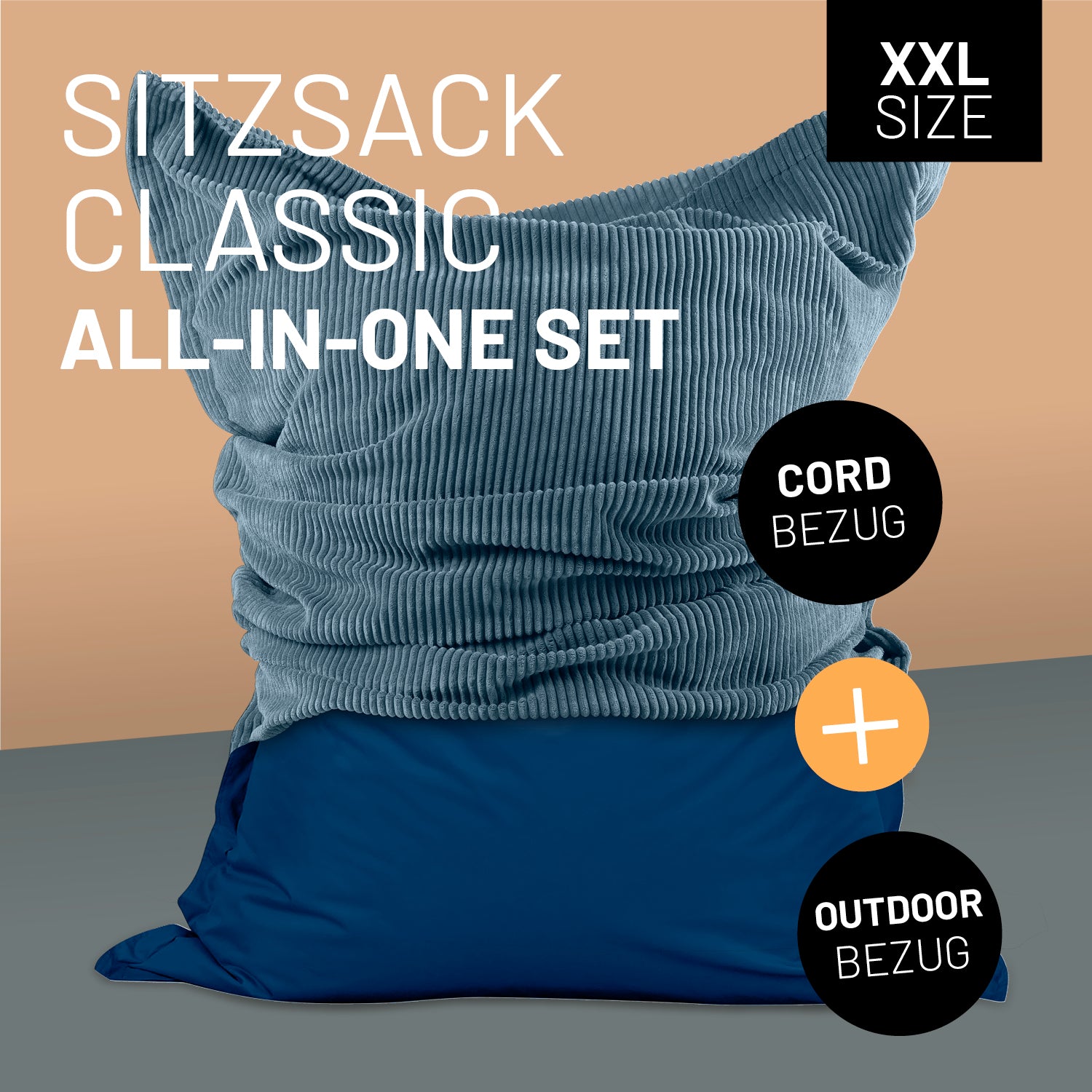 Sitzsack Classic XXL All-in-One Set - 380 L mit zwei Bezügen aus Cord und wetterfestem Outdoor-Material in Navyblau.