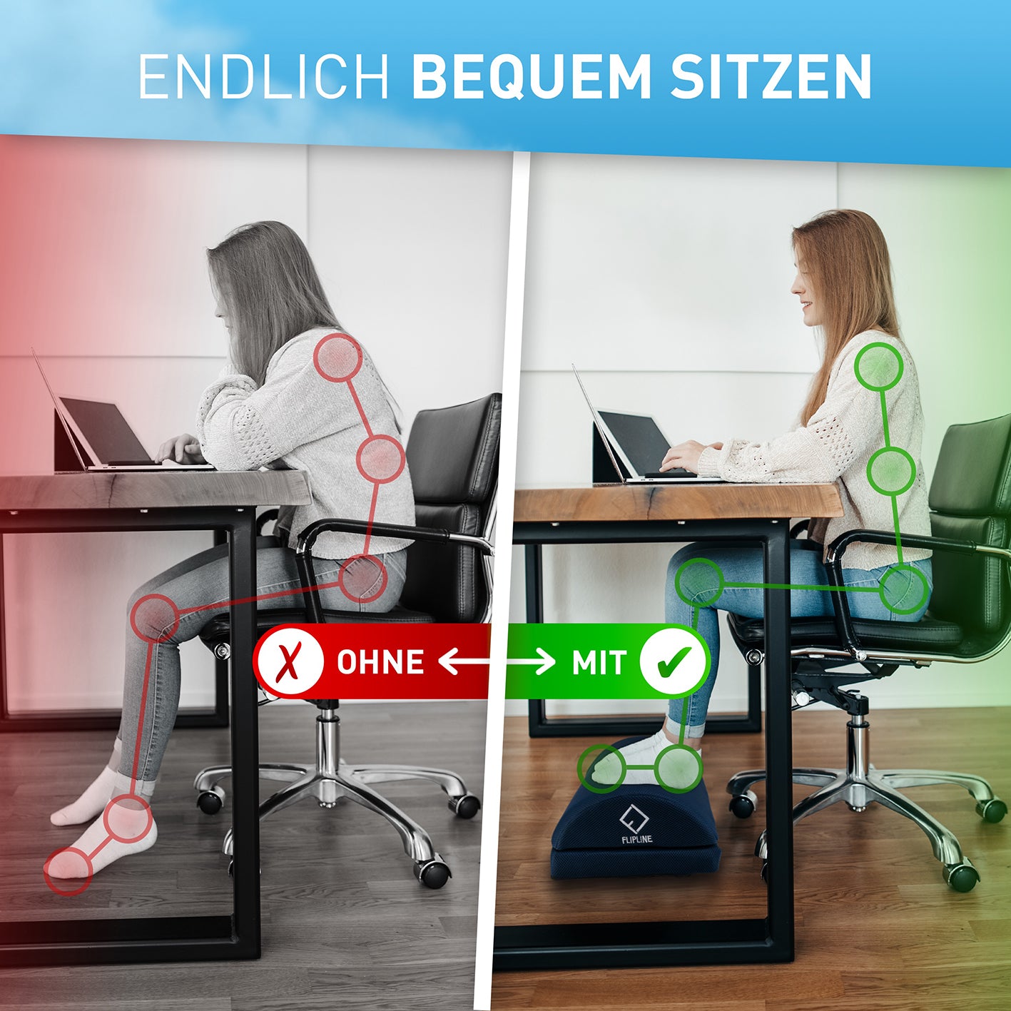 Schreibtisch-Fußstütze Mesh - Blau zeigt verbessertes Sitzverhalten und ergonomische Haltung durch Fußstütze bei der Arbeit am Schreibtisch.