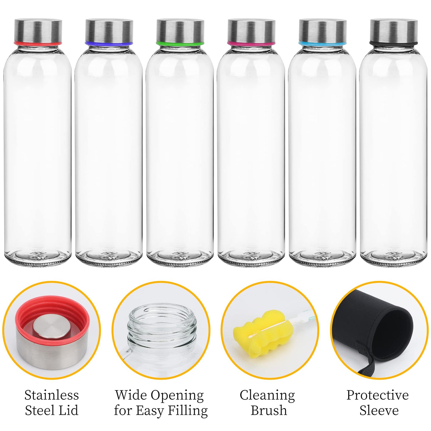 Glasflaschen 500 ml, 6er-Set + Flaschenbürste, klare Kalknatronglasflaschen mit Edelstahl-Deckel und Reinigungsbürste.