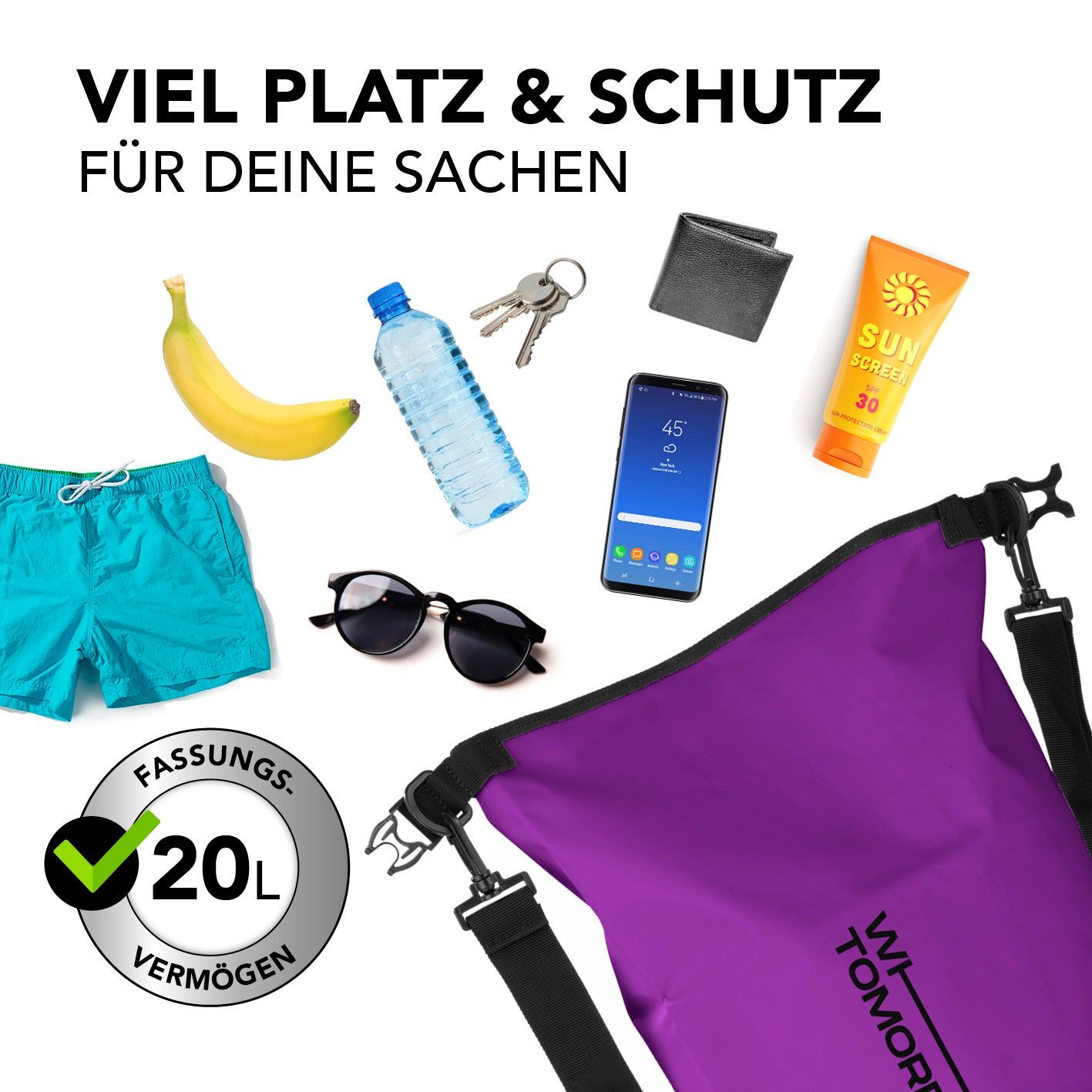 Dry Bag 20L - Style 02 - Lila: Wasserdichter, robuster Rucksack mit 20L Fassungsvermögen und UV-Schutz für Outdoor-Abenteuer.
